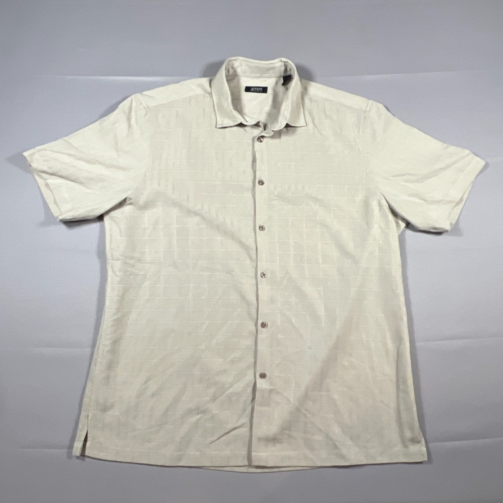 Alfani Button Up Shirt Mens XL Beige Subtle Plaid Regular Fit Side Slit Casual